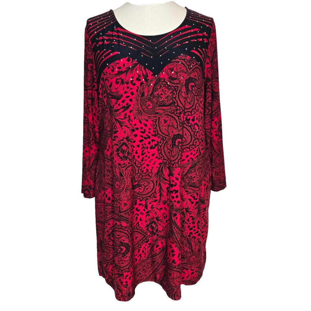 STYLE & CO RED & BLACK W/ SILVER ACCENT BEADS/STONES WOMEN'S ELEGANT DRESS SZ LG